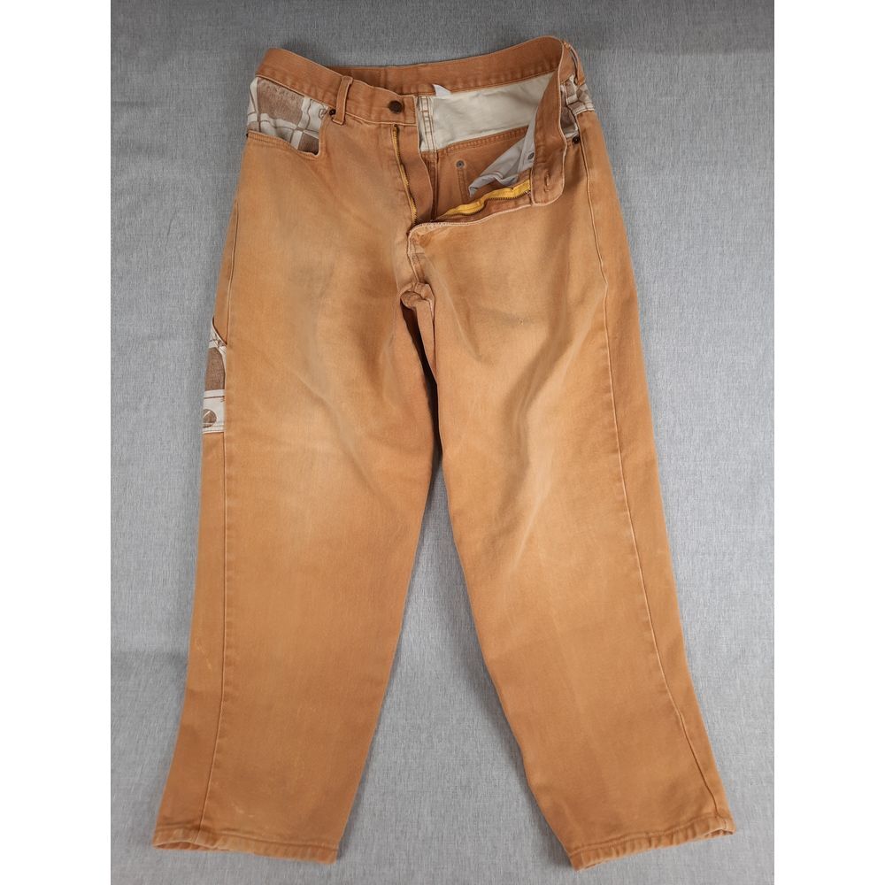 Vintage Khan Mens 30 Baggy Taper  Stretch Belted Pocket Patch Denim Jeans Orange